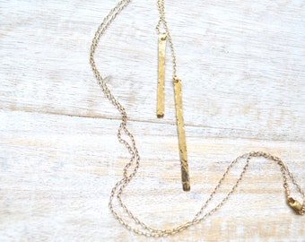 Double Bar Necklace Gold or Silver, Vertical Bar Pendant, Long Chain Necklace