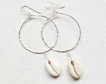 Cowrie Shell Hoops in Sterling, Cowrie Hoop Earrings