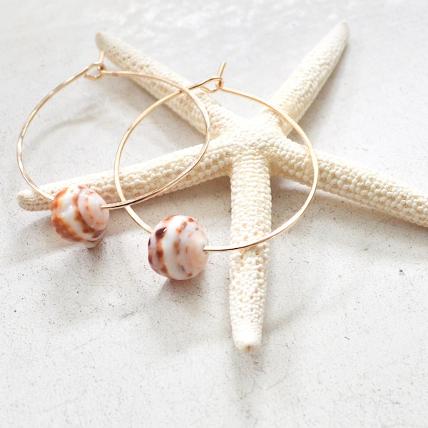 Puka Shell Hoops, Gold Hoop Earrings with Puka Shells, Simple Wire Hoops