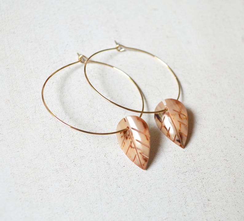 Thin Wire Hoop Earrings Leaf Shaped Shell Hoops Large Gold Etsy