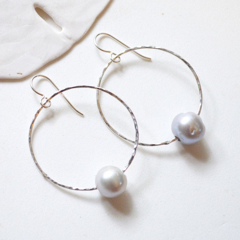 Silver Pearl Hoop Earrings Sterling Hoop Pearl Earrings Grey | Etsy