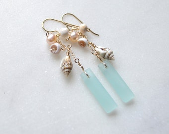 Dangling Frosted Glass Earrings, Glass & Shell Earrings