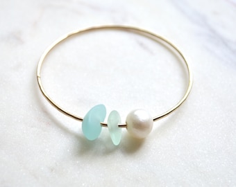 Pearl and Frosted Glass Bangle, Beachy Bangle, Gold or Silver