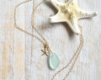 Tiny frosted glass necklace, Frosted glass pendant necklace, Starfish charm necklace,