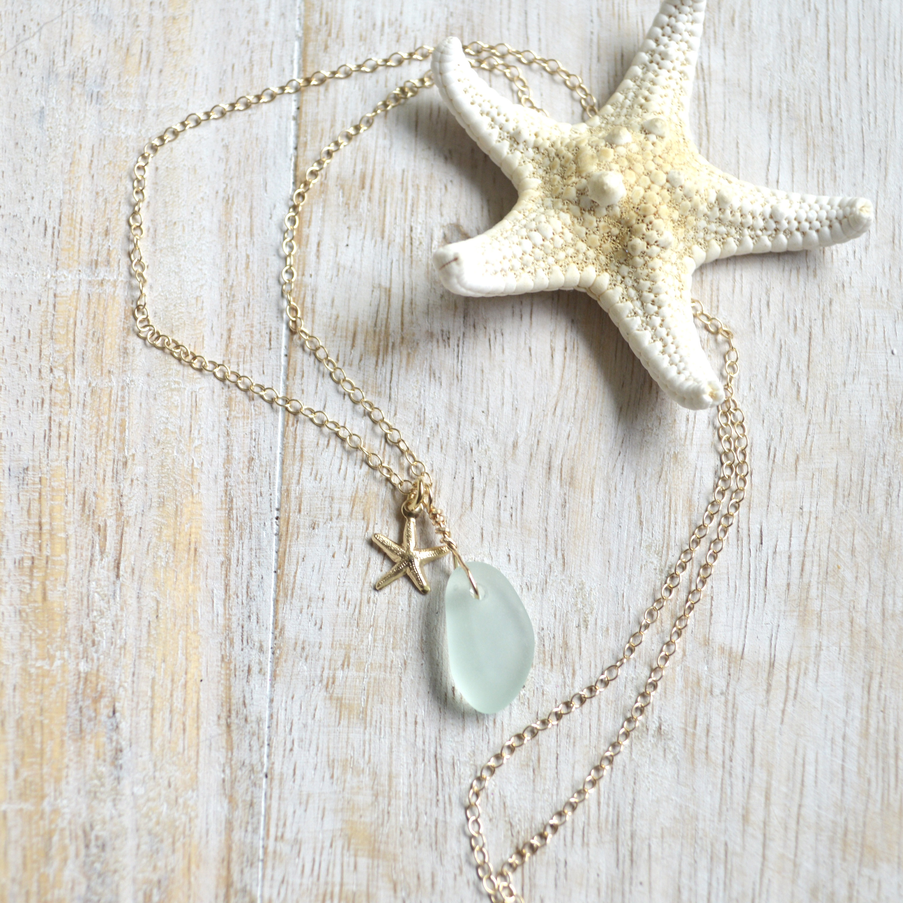 Tiny sea glass necklace, Sea glass pendant necklace, Starfish charm n…