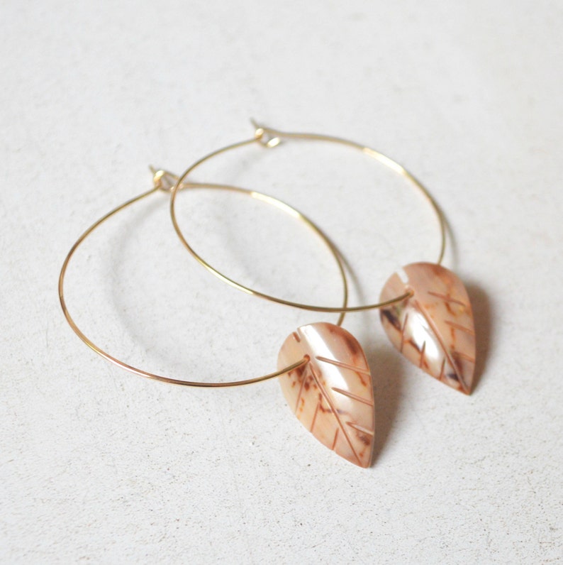 Thin Wire Hoop Earrings Leaf Shaped Shell Hoops Large Gold Etsy