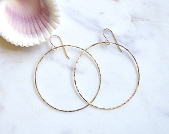 Wire Hoop Earrings, Hammered Hoops in Sterling or Gold, Simple Hoop Earrings