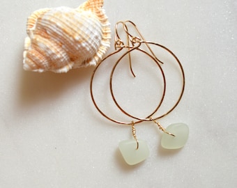 Sea Foam Glass Hoop Earrings,Frosted Glass Hoops