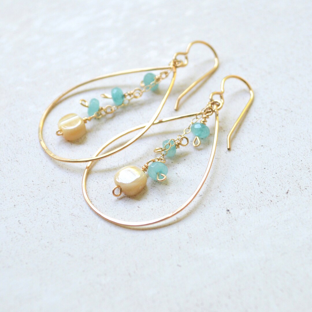 Gold Teardrop Earrings, Dangling Bead Earrings, Jade and MOP Earrings ...