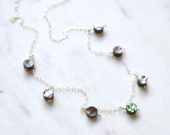 Tiny Abalone Coin Necklace, Dangling Abalone Shell Choker