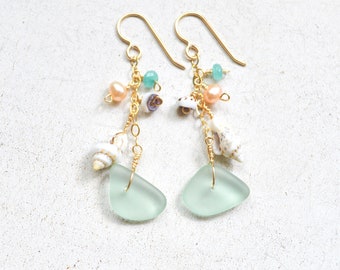 Sea Foam Glass Earrings, Dangling Shell Earrings, Beachy Earrings