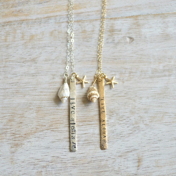 Live Aloha Necklace, Hand Stamped Vertical Bar Necklace