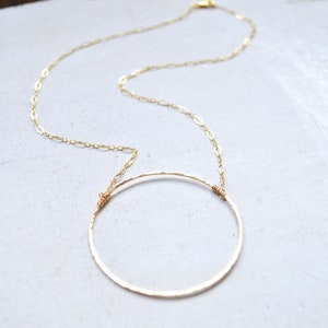Eternity Pendant Necklace, Large Circle Necklace Gold and Silver, Hammered Circle Necklace