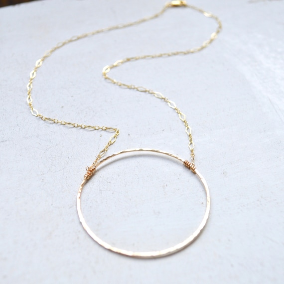 Eternity Pendant Necklace, Large Circle Necklace Gold and Silver, Hammered Circle Necklace