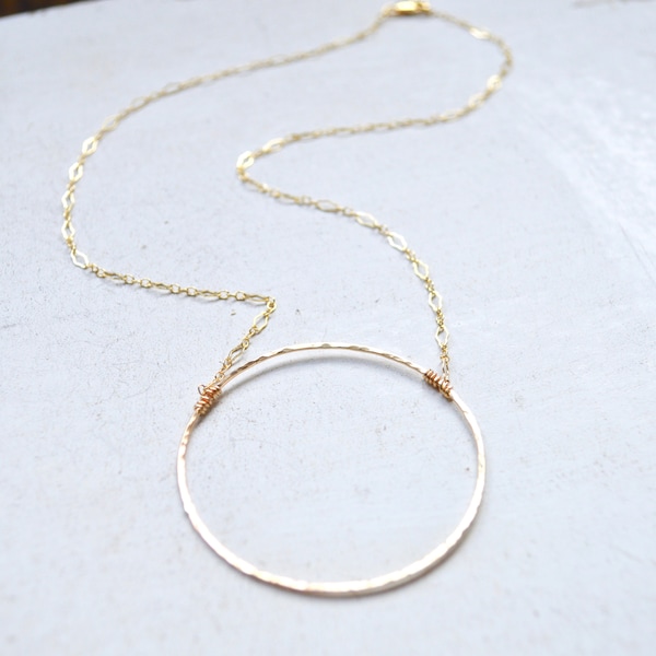 Eternity Pendant Necklace, Large Circle Necklace Gold and Silver, Hammered Circle Necklace