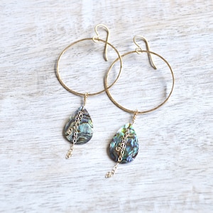 Gold Hoops with Paua Shells, Dangling Shell Hoop Earrings, Paua Teardrop Earrings