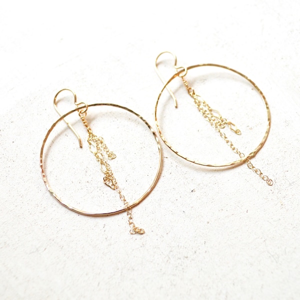 Chain Hoop Earrings, Hammered Hoops with Chain