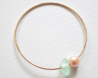 Pearl & Sea Foam Glass Bangle, Gold Hammered Bangle, Stacking Bracelet