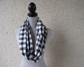 black and white infinity scarf, black and white plaid scarf, plaid infinity scarf, black and white scarf, casual infinity scarf, flannel