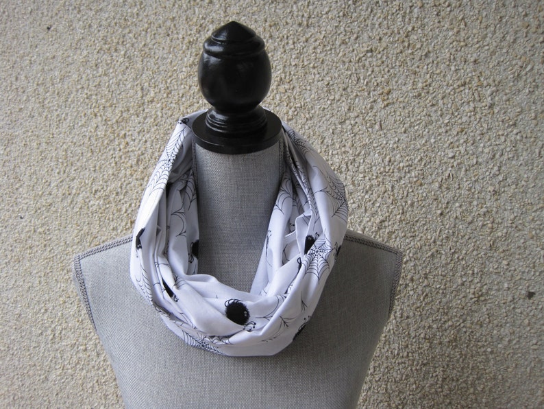 white infinity scarf, scarf with spiders, spiders and webs, Halloween scarf, halloween costume, halloween gift, halloween hostess gift, image 5