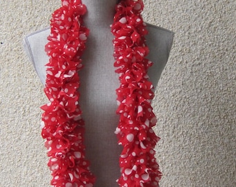 Knit Fabric Scarf, statement scarf, ruffled scarf, long scarf, red scarf, polka dot scarf, fabric scarf