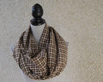 Plaid infinity scarf, brown infinity scarf, brown plaid scarf, unisex scarf, mens scarf, womens scarf, business scarf, jeans scarf,