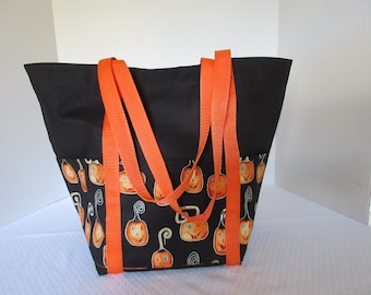 Tote bag in Halloween theme, Tote bag with pumpkins, market bag, book bag, carry bag, black and orange tote bag, reusable shopping bag,