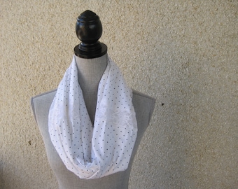 white infinity scarf, white scarf with dots, white scarf with lace, polka dot scarf, Polka dot infinity scarf, white and black scarf,