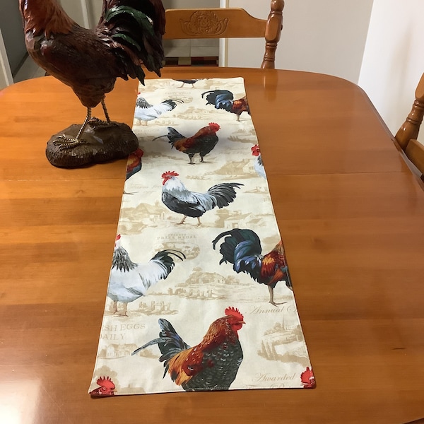 Rooster motif reversible cotton tablerunner, Cotton tablerunner, Country decor, Rooster decor, Farm decor, Novelty tablerunner