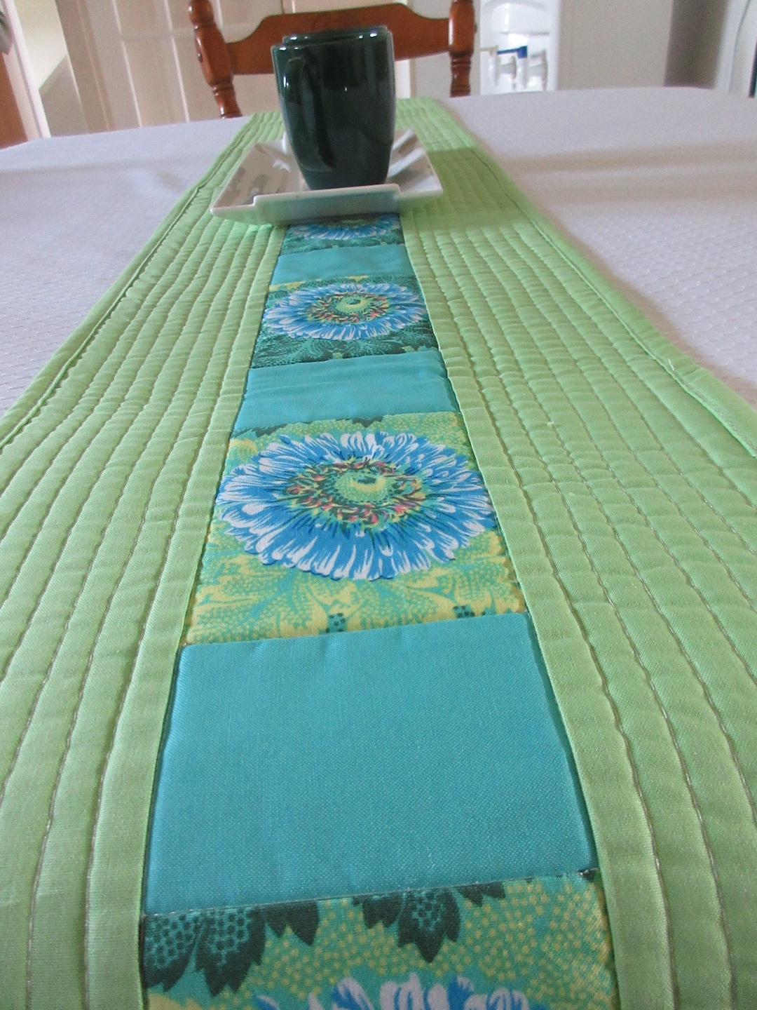 Quilted Table Runner, Floral Table Runner, Green Table Runner