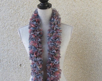 Knit scarf, long scarf, ruffled scarf, fabric scarf, grey and pink scarf, travel scar, unique gift scarf