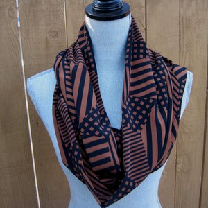 Black and brown scarf, geometric print scarf, bold infinity scarf, silky infinity scarf, business scarf, gift for women, brown scarf