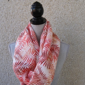 Pink infinity scarf, peach infinity scarf, scarf with botanicals, red scarf. rust scarf, rayon infinity scarf, scarf with leaves, fern scarf