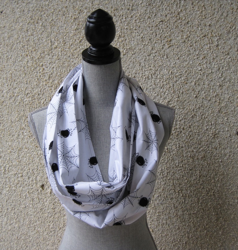 white infinity scarf, scarf with spiders, spiders and webs, Halloween scarf, halloween costume, halloween gift, halloween hostess gift, image 1