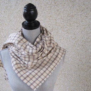 Wool scarf, Wool flannel, Cream scarf, fringed scarf, Classic, Plaid, Checked scarf, Stylish scarf, Lightweight wool, Outerwear, Winter