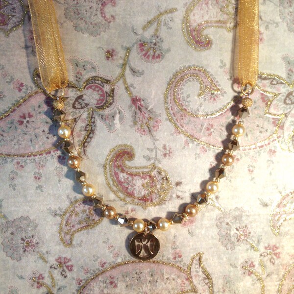 Gold Swarovski Crystal and Pearl Angel pendant necklace adjustable length Reiki infused Christmas Jewelry