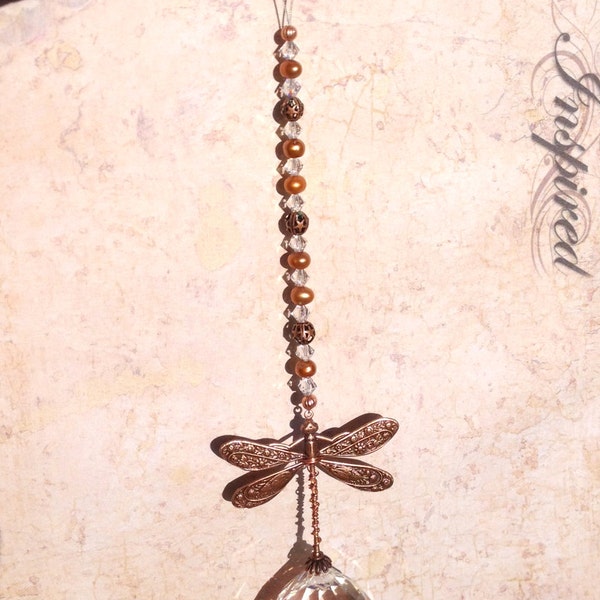 Crystal sun catcher rainbow maker prism Dragonfly totem with Swarovski crystals and pearls with copper wire and beads Reiki infused