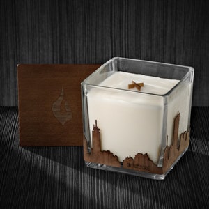 Boston City Skyline Wood Wrapped Candle | Mahogany Scented Soy Based Square Candles With Wood Lid