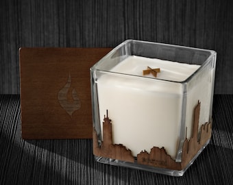 Boston City Skyline Wood Wrapped Candle | Mahogany Scented Soy Based Square Candles With Wood Lid