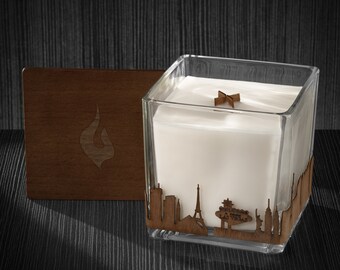 Las Vegas Skyline Wood Wrapped Candle | Mahogany Scented Soy Based Square Candles With Wood Lid