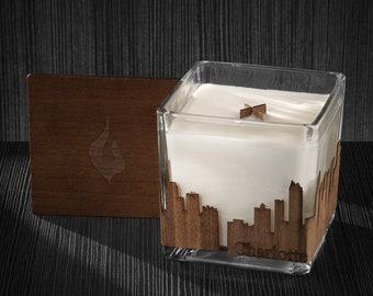 Charlotte City Skyline Wood Wrapped Candle | Mahogany Scented Soy Based Square Candles With Wood Lid