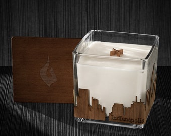 Indianapolis Skyline Wood Wrapped Candle | Mahogany Scented Soy Based Square Candles With Wood Lid