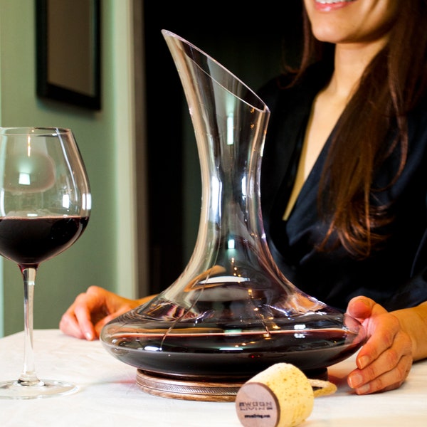 750mL Hand Blown Wine Decanter w/Pull Cork and Wood Stand.