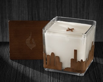 Houston Skyline Wood Wrapped Candle | Mahogany Scented Soy Based Square Candles With Wood Lid