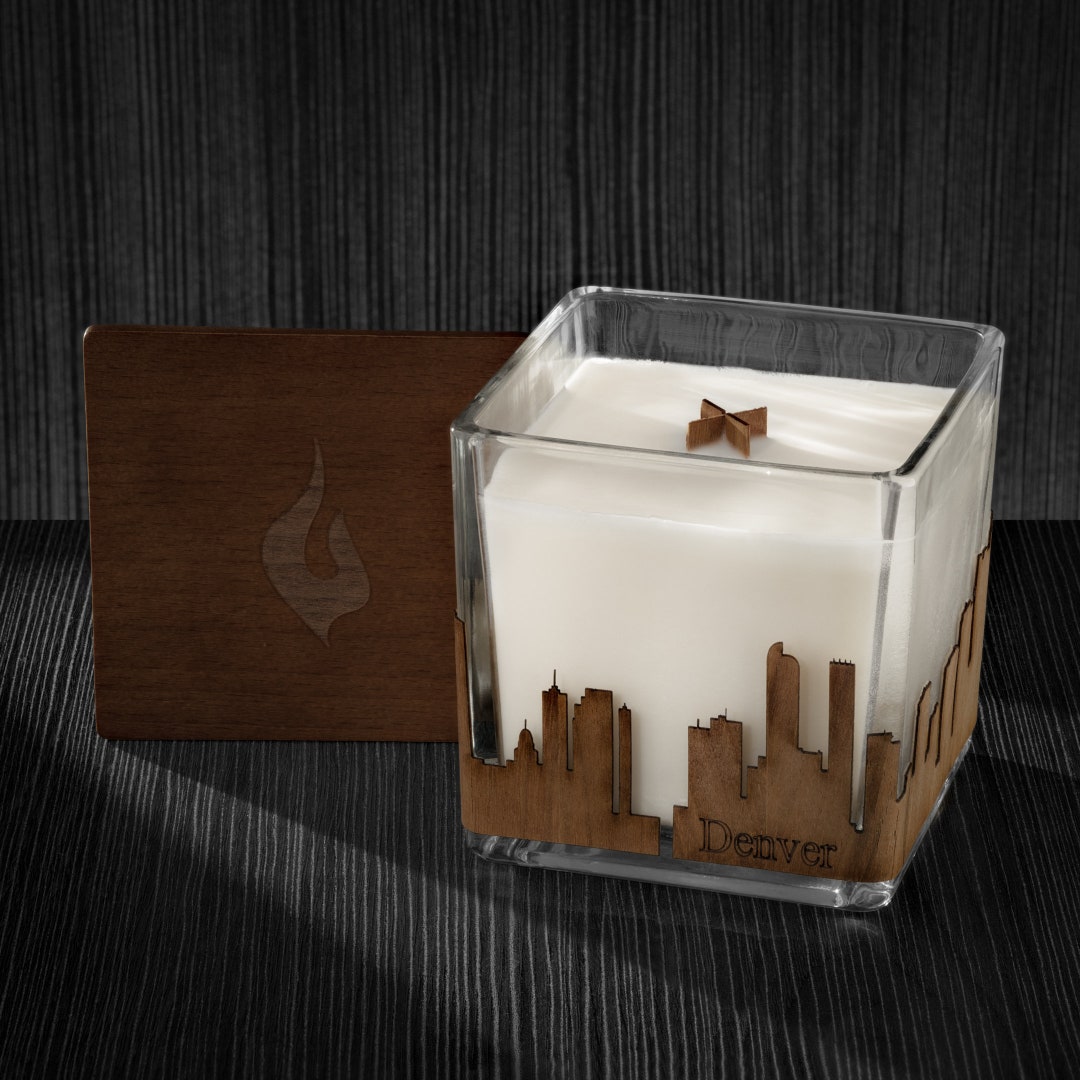 Denver Skyline Wood Wrapped Candle Mahogany Scented Soy Based Square