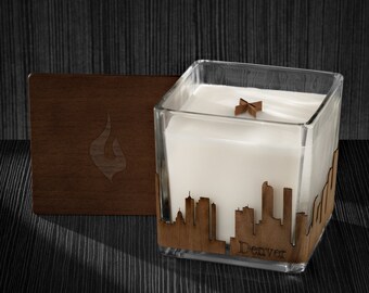 Denver Skyline Wood Wrapped Candle | Mahogany Scented Soy Based Square Candles With Wood Lid