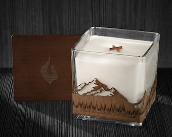 Pacific Northwest Skyline Wood Wrapped Candle | Mahogany Scented Soy Based Square Candles With Wood Lid