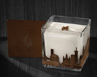 New Orleans Skyline Wood Wrapped Candle | Mahogany Scented Soy Based Square Candles With Wood Lid