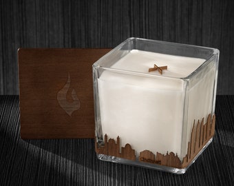 Cincinnati Skyline Wood Wrapped Candle | Mahogany Scented Soy Based Square Candles With Wood Lid