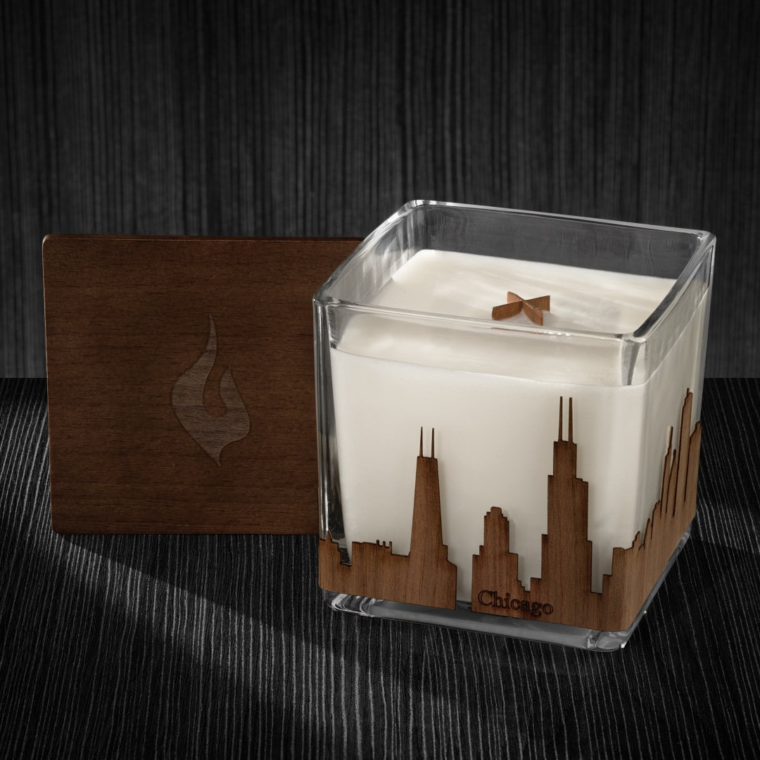 Chicago Skyline Wood Wrapped Candle Mahogany Scented Soy Based Square